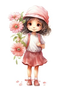 Watercolor illustration cute character of cute Zinnia flower doll toy springtime.