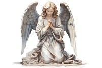 Adoring kneeling angel statue adult white background representation.
