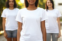 People group volunteer wearing blank white outdoors t-shirt sleeve.