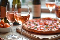 Rose wine party pizza drink glass.