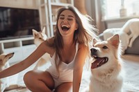 Joyful fit woman dog laughing mammal.