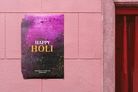 Holi festival ad poster on pink wall