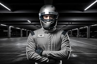 Male racer in gray race suit