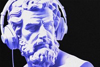Male Greek statue listening to music, halftone effect illustration