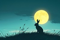 Rabbit sitting on the hill looking at big yellow moon outdoors nature animal.