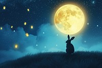 Rabbit sitting on the green hill looking at big yellow moon astronomy outdoors nature.