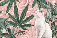Realistic hand drawing of white cat and cannabis bud backgrounds pattern mammal.
