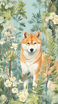 Realistic hand drawing of shiba dog outdoors painting pattern.