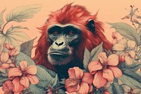 Vintage drawing of ape flower wildlife monkey.