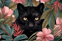 Vintage drawing of black panther and tropical leaves animal mammal flower.