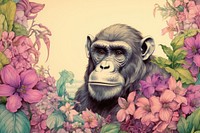 Vintage drawing of chimpanzee flower wildlife animal.