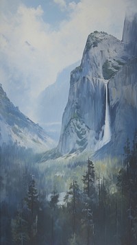 Acrylic paint of yosemite wilderness waterfall mountain.
