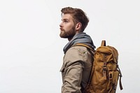 Man wearing a backpack adult white background backpacking.