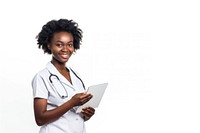 African american woman nurse holding a tablet smiling doctor white background.