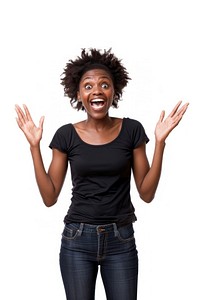 Excited african american woman raised her hands up shouting adult white background.