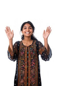 Excited indian woman raised her hands up portrait smile adult.