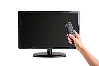 Hand with remote and black flat tv screen computer monitor display panel with blank empty picture television white background electronics.