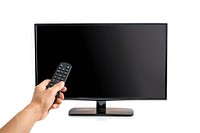 Hand with remote and black flat tv screen computer monitor display panel with blank empty picture television white background electronics.