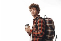 Young handsome man with backpack portrait holding coffee.