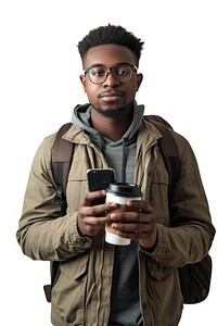 Young american african man with backpack holding smart phone and coffee portrait adult photo.
