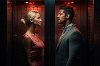 A man and woman in a elevator look side by side adult togetherness darkness.