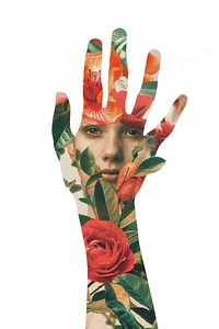 Collage girl raising hand pattern finger flower.