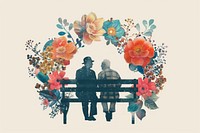 Elder couple sitting on bench flower furniture pattern.