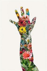 Collage girl raising hand pattern flower plant.
