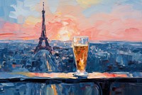 Beer with paris city view painting beer outdoors.