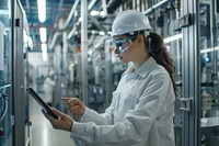 Engineer using a tablet on a machine scientist factory hardhat.