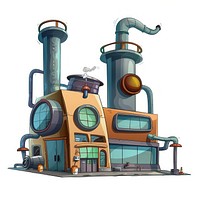Cartoon of factory architecture building electronics.