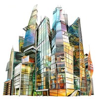 Cartoon of glass buildings architecture cityscape white background.
