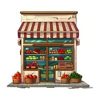 Cartoon of supermarket architecture building food.
