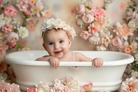 Baby girl in bathtub portrait bathing flower.
