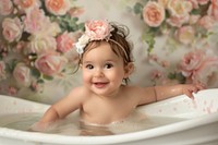 Baby girl in bathtub portrait bathing flower.