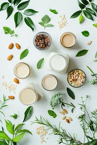 Photo of vegan milks plant herbs food.