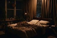 Cozy bedroom aesthetic dark furniture architecture illuminated.