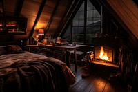 Cozy room aesthetic dark architecture furniture fireplace.