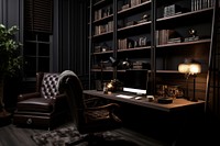 Cozy room aesthetic dark architecture furniture bookshelf.