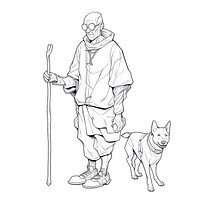 Illustration of a blind man with walking stick and dog sketch cartoon drawing.
