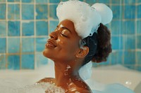 Woman wash hair bathing bathtub female.