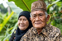 Malaysian elderly couple clothing apparel person.