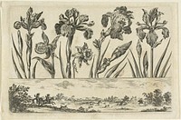 Flowers and Hunting Scene, from Livre Nouveau de Fleurs... by Nicolas Cochin