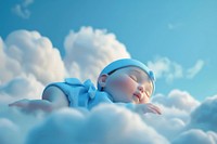 Baby sleeping on a cloud cartoon sky outdoors.