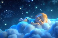 Baby sleeping on a cloud cartoon night sky.