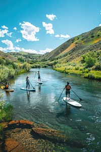 Paddleboarding person water kayak.