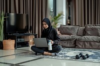 Sitting laptop woman electronics.