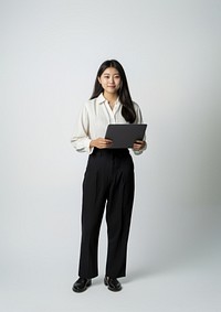 Woman with laptop photography standing electronics.