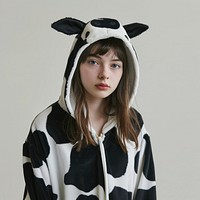 Female wearing cow costume portrait photo face.