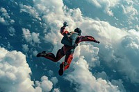 Parachutist skydiving adventure cloud exhilaration.